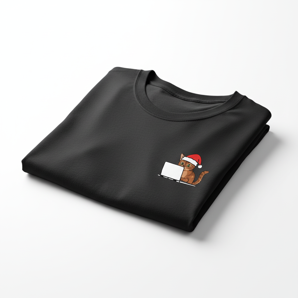 RD0110 - Santa Abyssinian Cat On Laptop Pocket Design - Unisex Standard T-Shirt