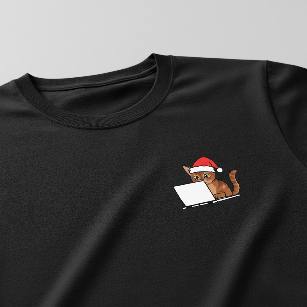 RD0110 - Santa Abyssinian Cat On Laptop Pocket Design - Unisex Standard T-Shirt