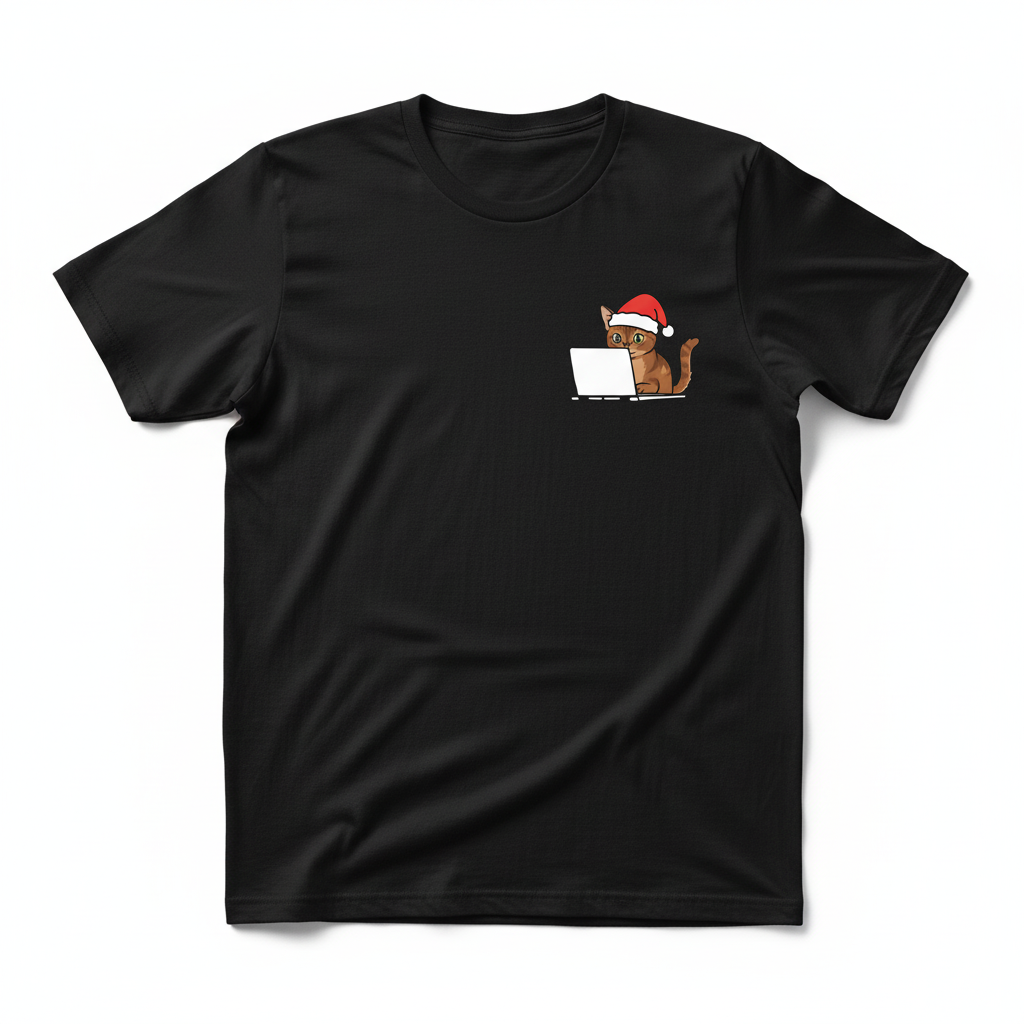 RD0110 - Santa Abyssinian Cat On Laptop Pocket Design - Unisex Standard T-Shirt