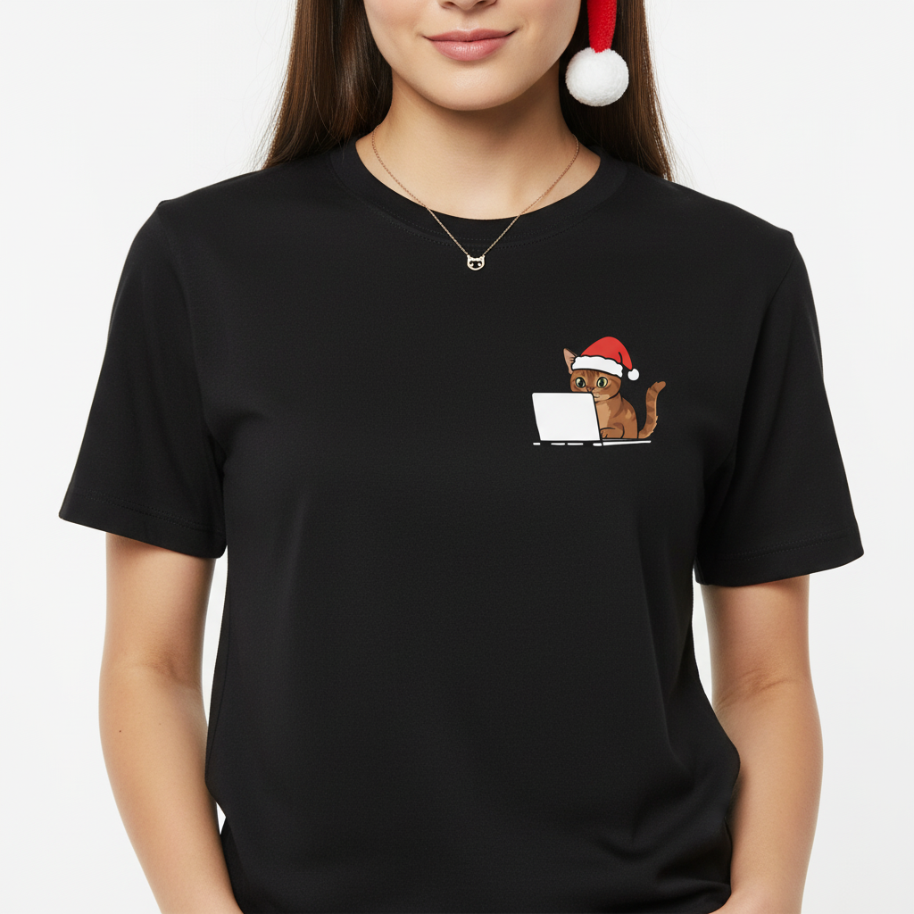 RD0110 - Santa Abyssinian Cat On Laptop Pocket Design - Unisex Standard T-Shirt