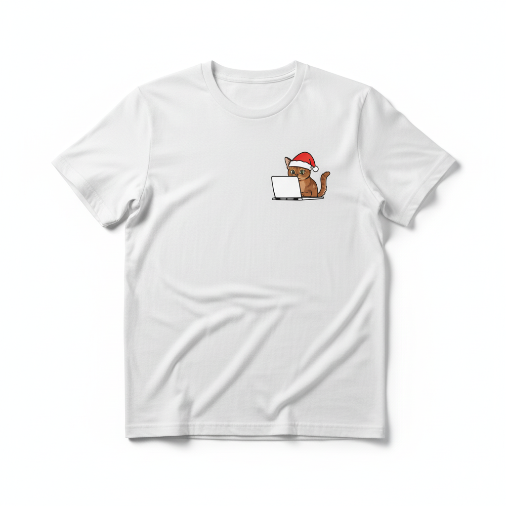 RD0110 - Santa Abyssinian Cat On Laptop Pocket Design - Unisex Standard T-Shirt