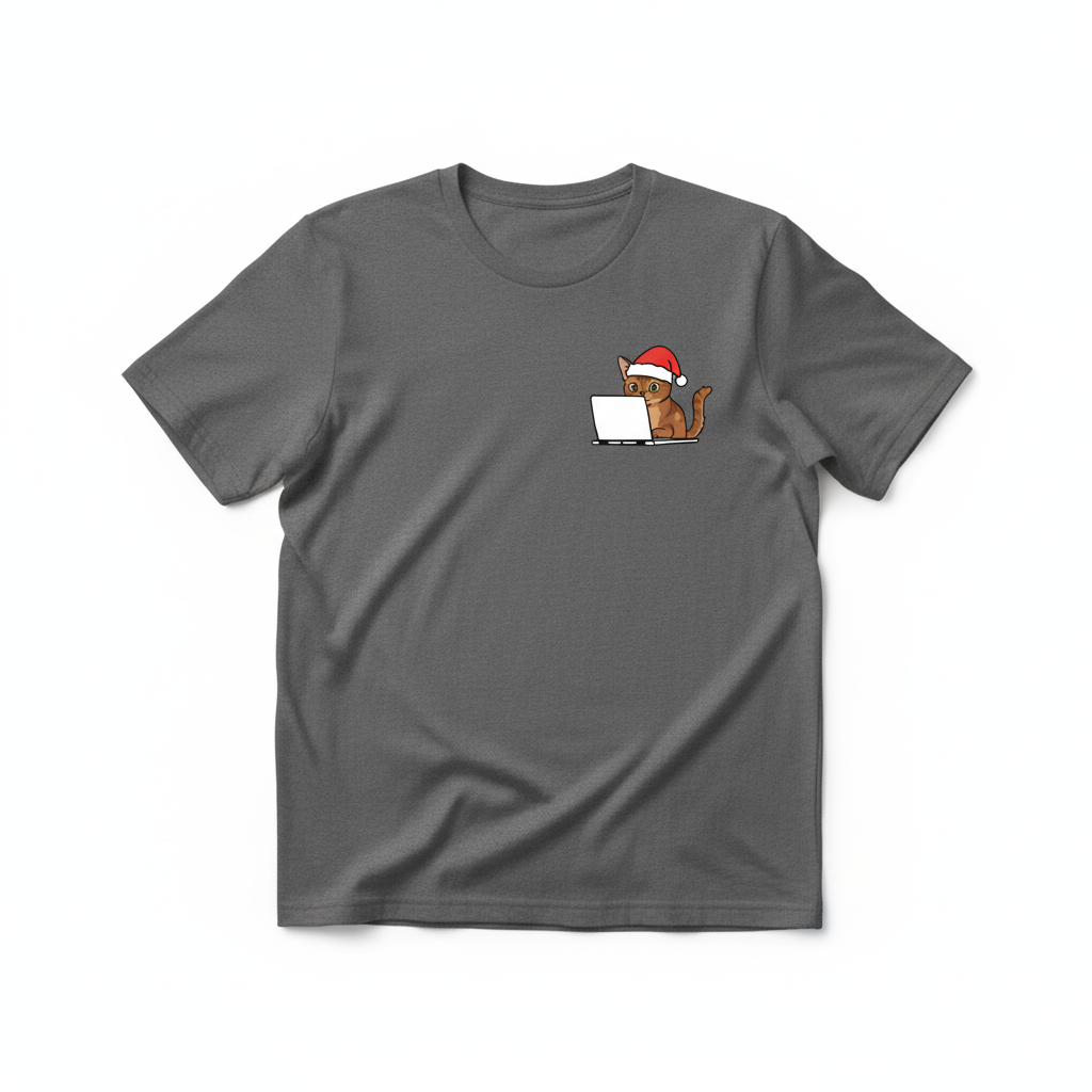 RD0110 - Santa Abyssinian Cat On Laptop Pocket Design - Unisex Standard T-Shirt