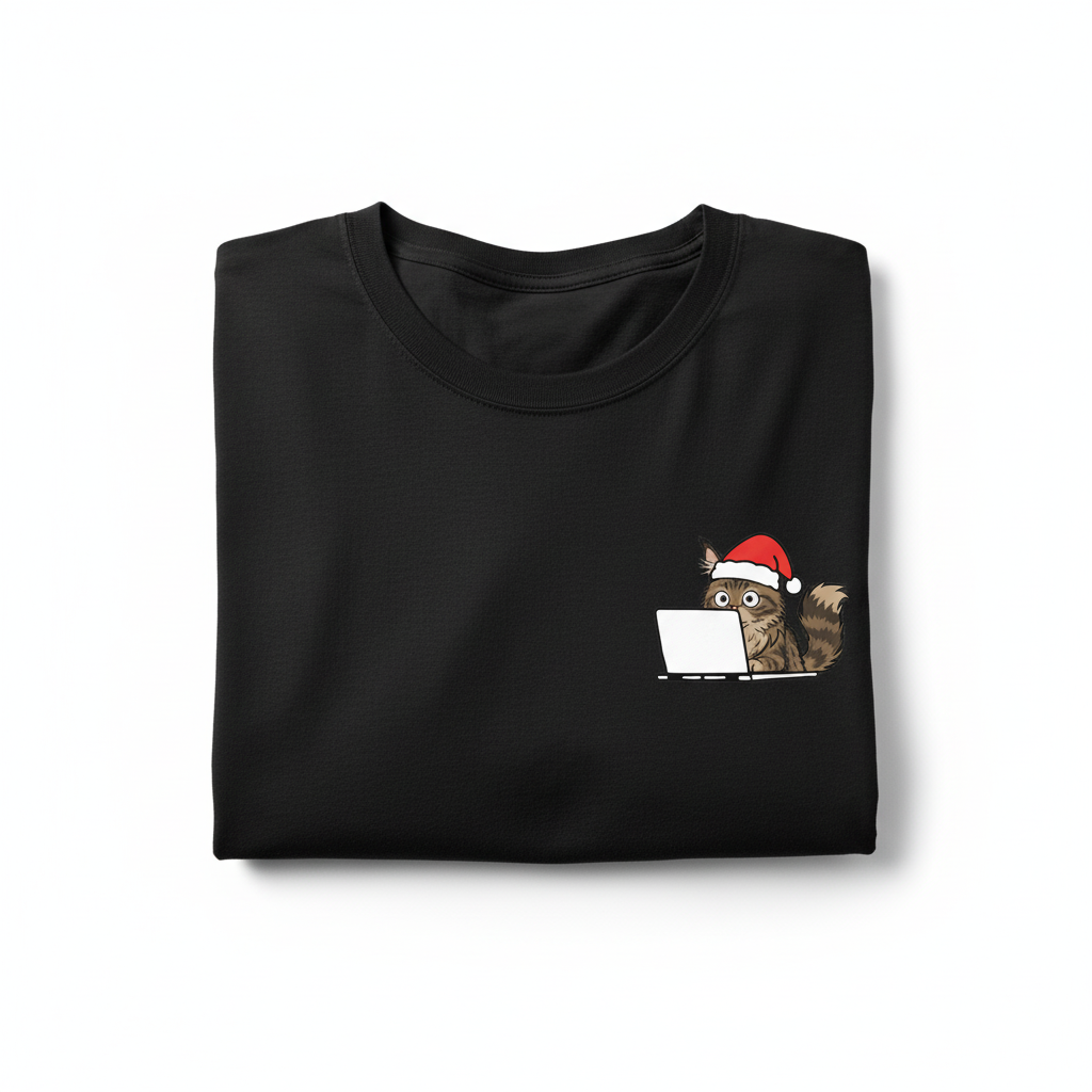 RD0102 - Santa Hat Maine Coon Cat On Laptop Pocket Design - Unisex Standard T-Shirt