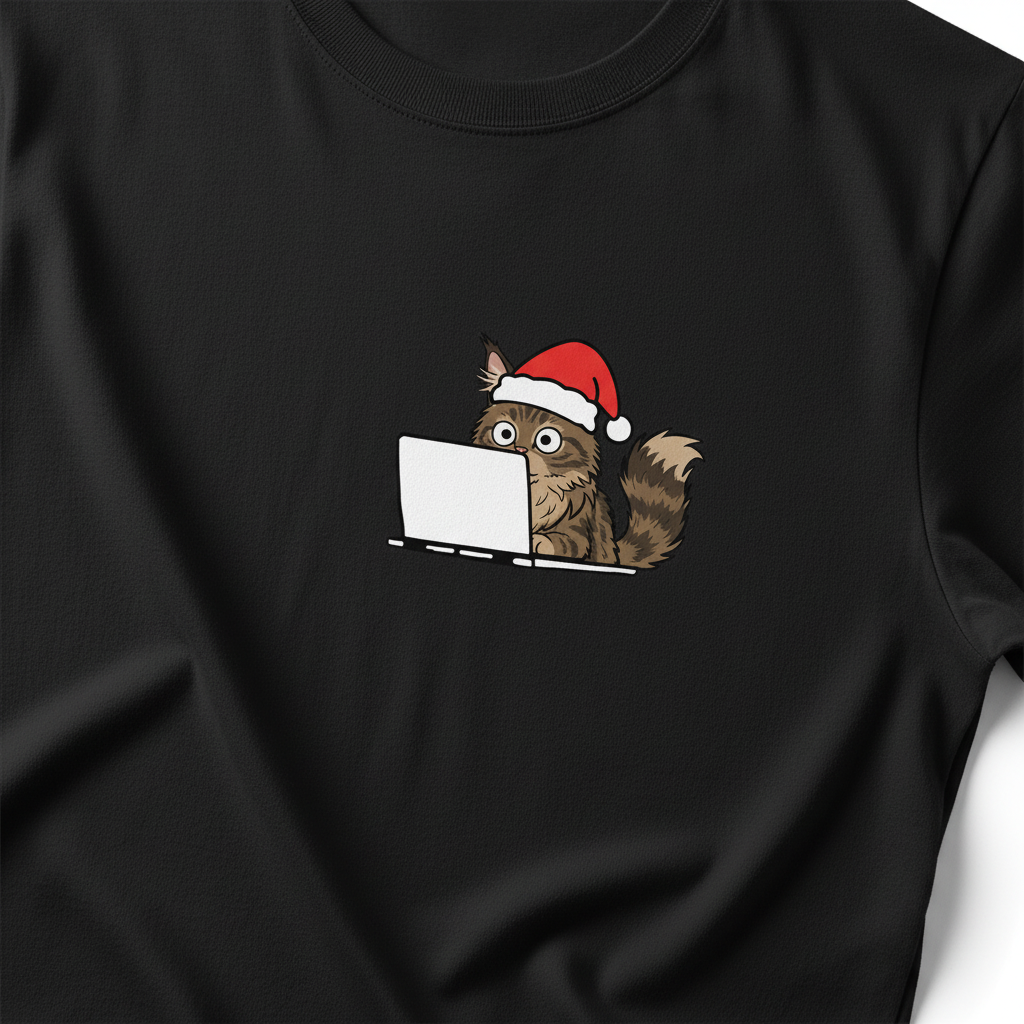 RD0102 - Santa Hat Maine Coon Cat On Laptop Pocket Design - Unisex Standard T-Shirt