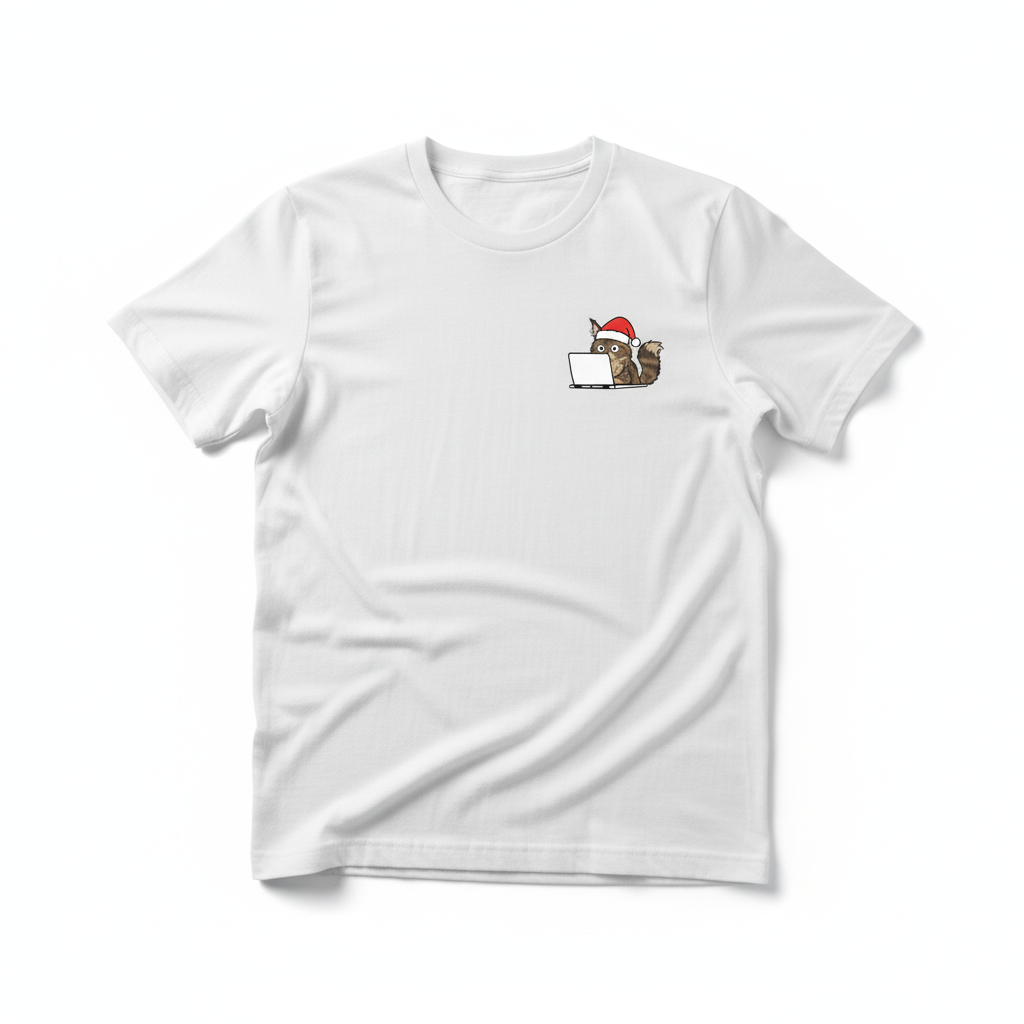 RD0102 - Santa Hat Maine Coon Cat On Laptop Pocket Design - Unisex Standard T-Shirt