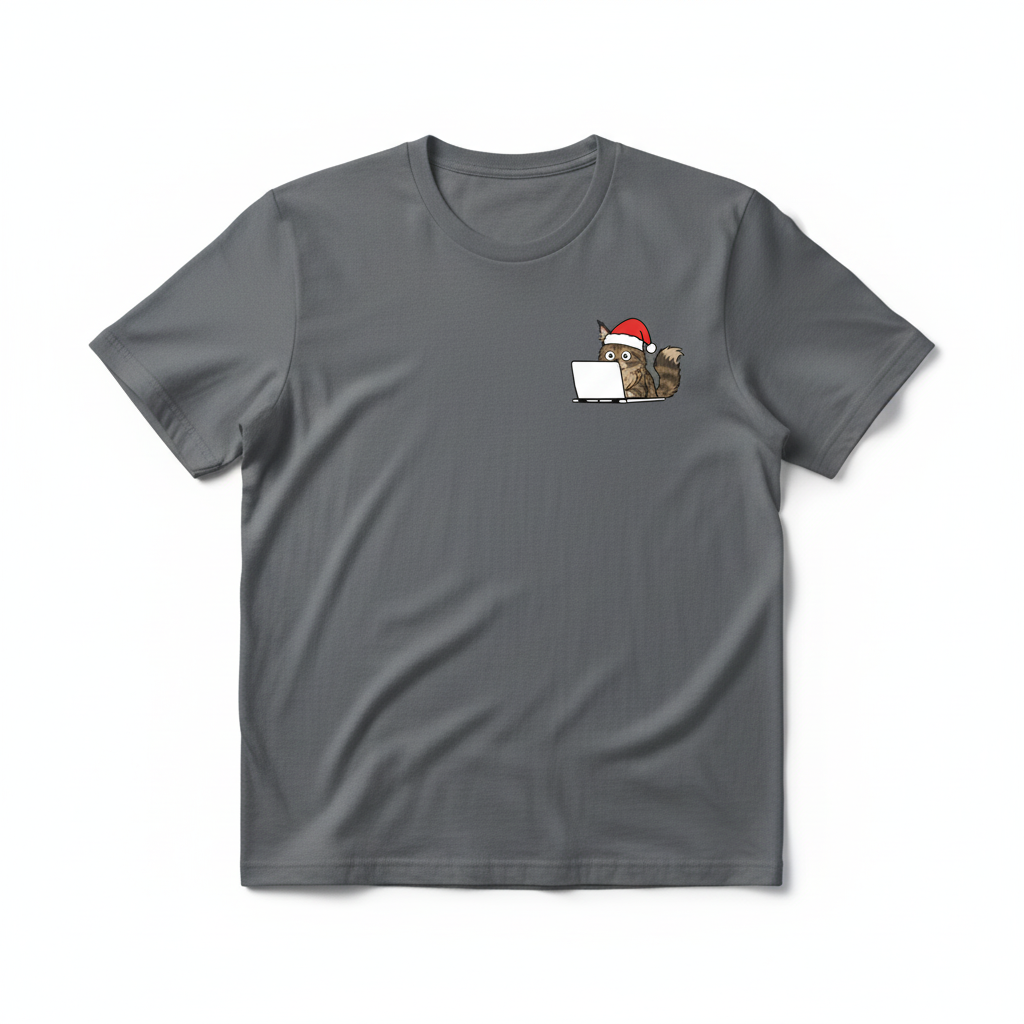 RD0102 - Santa Hat Maine Coon Cat On Laptop Pocket Design - Unisex Standard T-Shirt