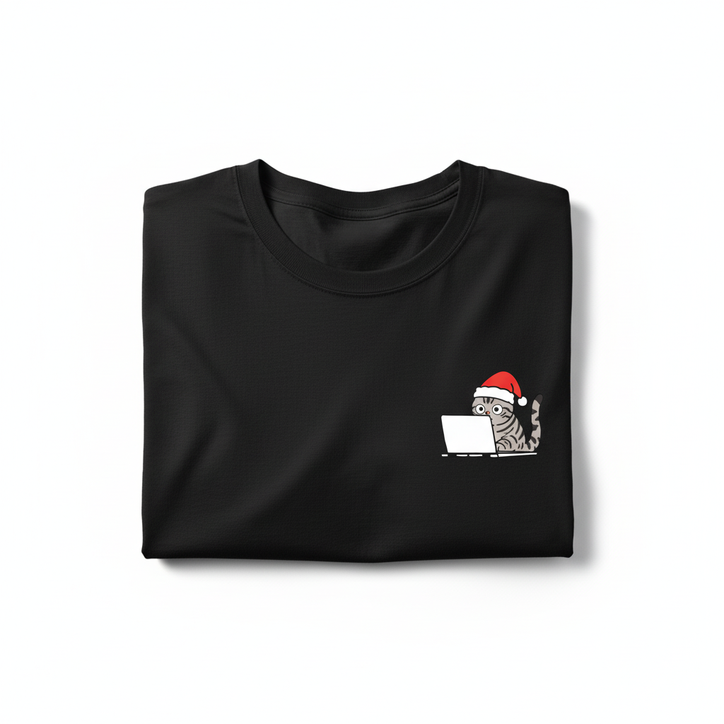 RD0111 - Santa American Shorthair Cat On Laptop Pocket Design - Unisex Standard T-Shirt