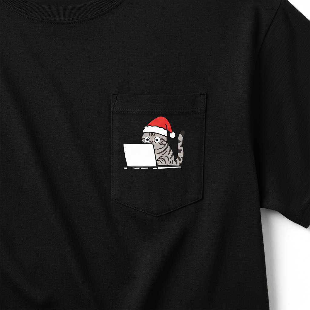 RD0111 - Santa American Shorthair Cat On Laptop Pocket Design - Unisex Standard T-Shirt