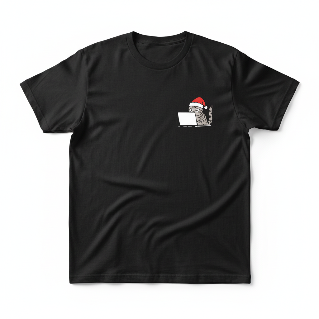 RD0111 - Santa American Shorthair Cat On Laptop Pocket Design - Unisex Standard T-Shirt
