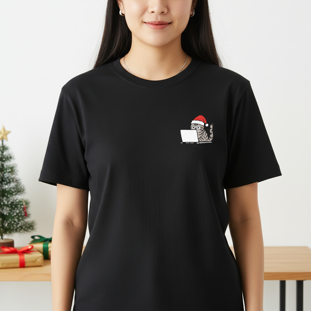 RD0111 - Santa American Shorthair Cat On Laptop Pocket Design - Unisex Standard T-Shirt