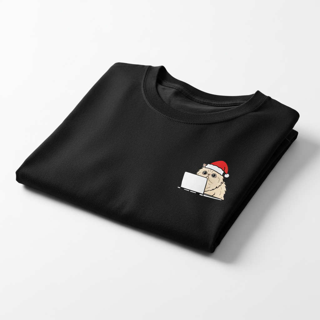RD0107 - Santa Scottish Fold Cat On Laptop Pocket Design - Unisex Standard T-Shirt