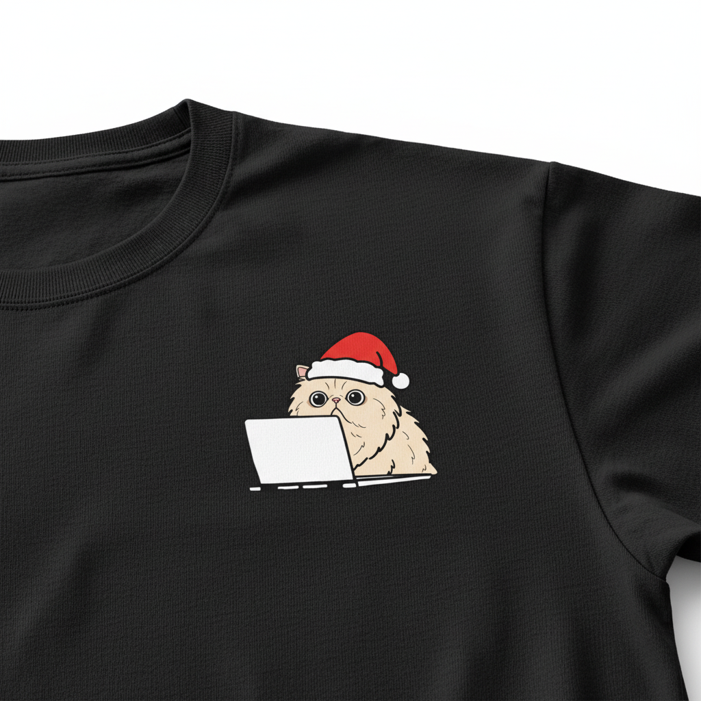 RD0107 - Santa Scottish Fold Cat On Laptop Pocket Design - Unisex Standard T-Shirt
