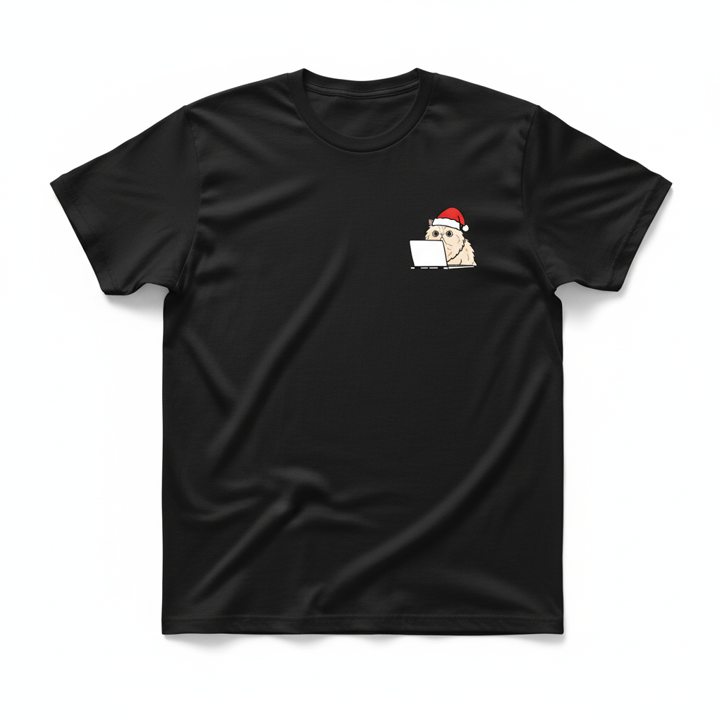 RD0107 - Santa Scottish Fold Cat On Laptop Pocket Design - Unisex Standard T-Shirt