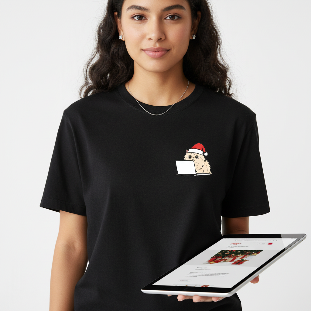 RD0107 - Santa Scottish Fold Cat On Laptop Pocket Design - Unisex Standard T-Shirt