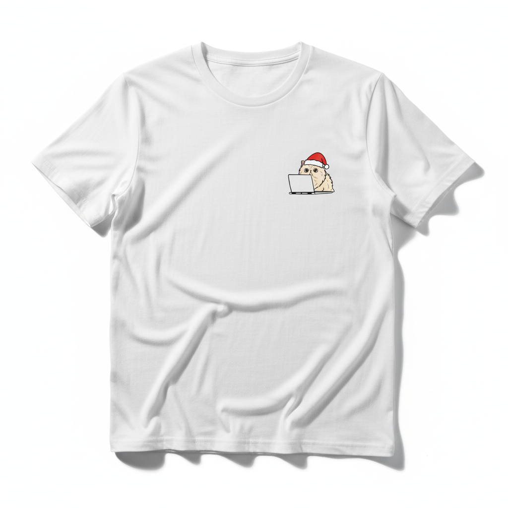 RD0107 - Santa Scottish Fold Cat On Laptop Pocket Design - Unisex Standard T-Shirt