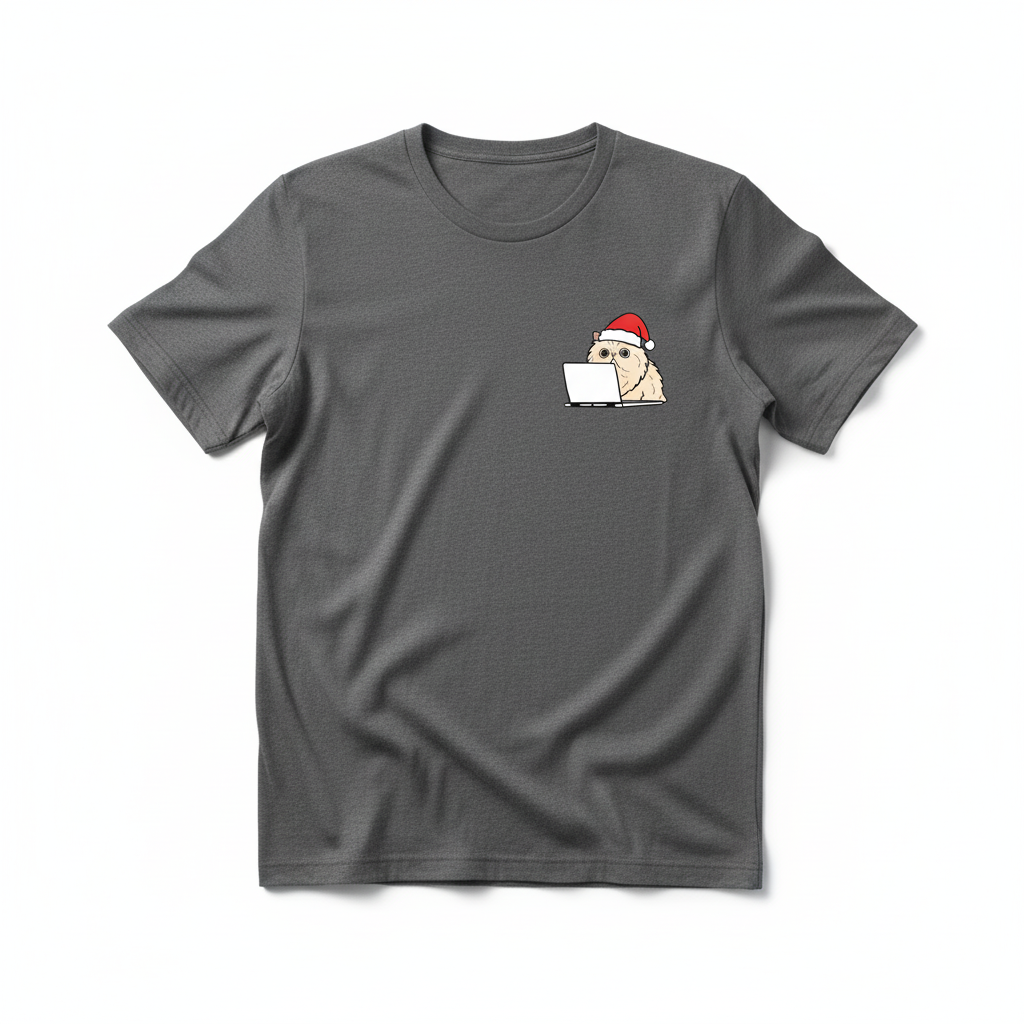 RD0107 - Santa Scottish Fold Cat On Laptop Pocket Design - Unisex Standard T-Shirt