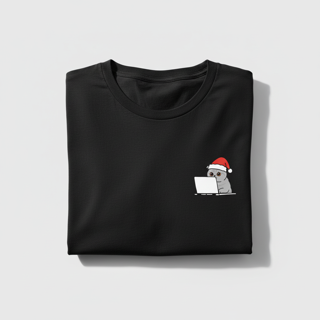 RD0104 - Santa British Shorthair Cat On Laptop Pocket Design - Unisex Standard T-Shirt