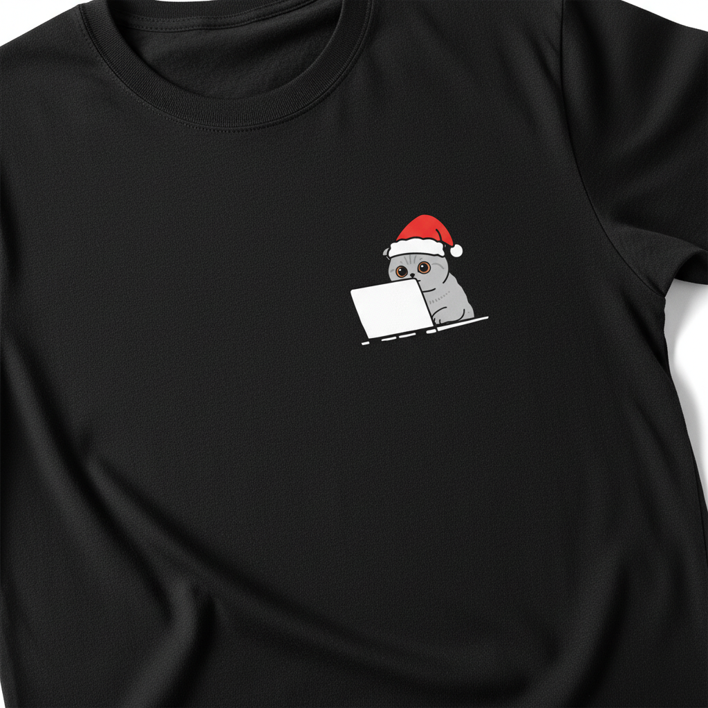 RD0104 - Santa British Shorthair Cat On Laptop Pocket Design - Unisex Standard T-Shirt