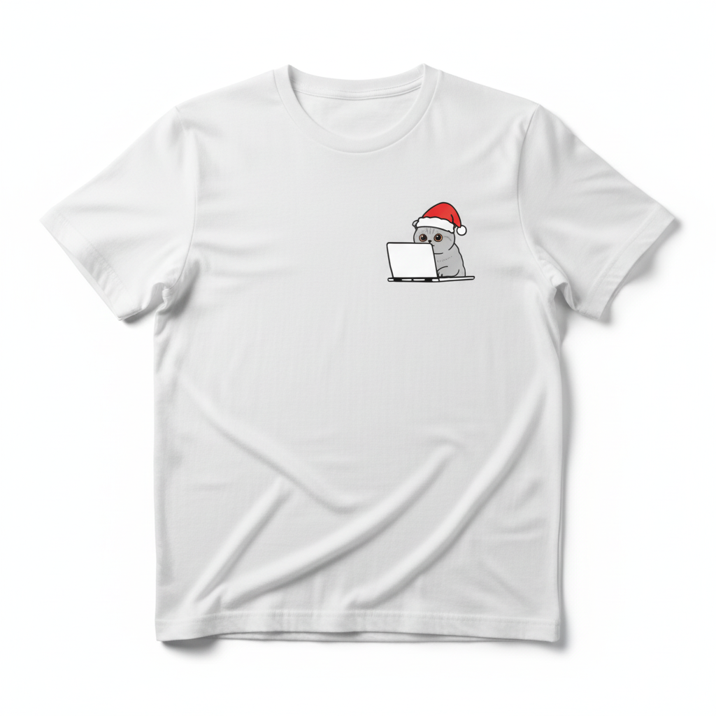 RD0104 - Santa British Shorthair Cat On Laptop Pocket Design - Unisex Standard T-Shirt