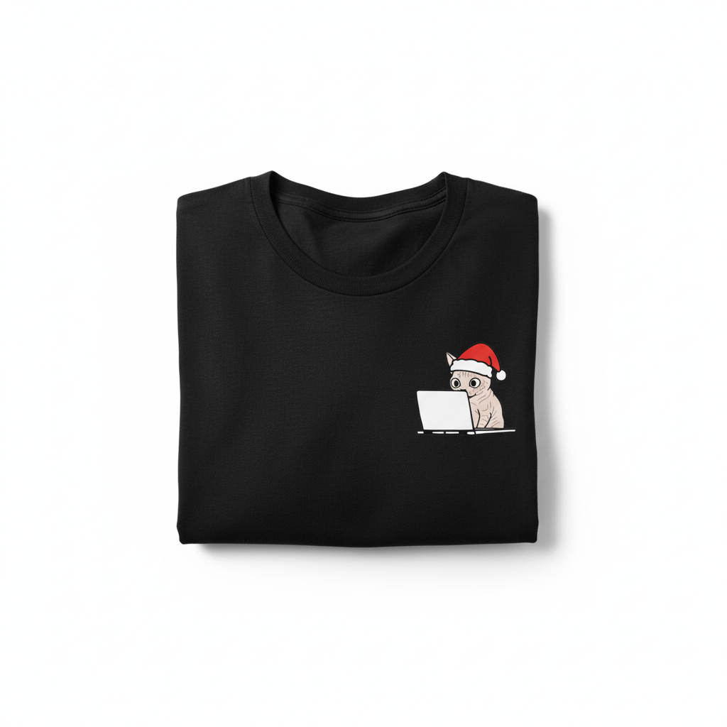 RD0109 - Santa Sphynx Cat On Laptop Pocket Design - Unisex Standard T-Shirt