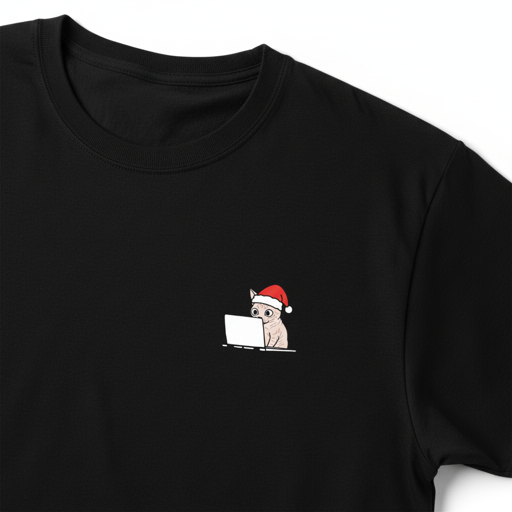 RD0109 - Santa Sphynx Cat On Laptop Pocket Design - Unisex Standard T-Shirt