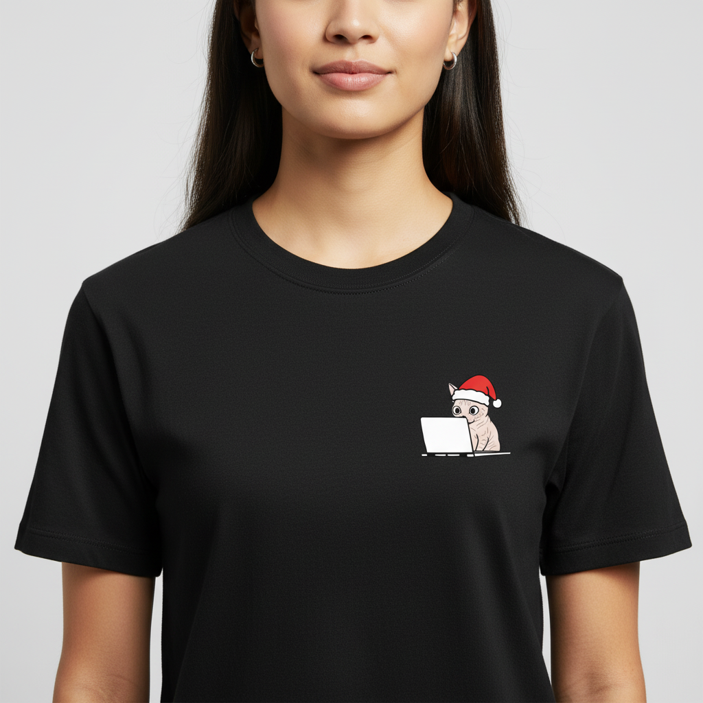 RD0109 - Santa Sphynx Cat On Laptop Pocket Design - Unisex Standard T-Shirt