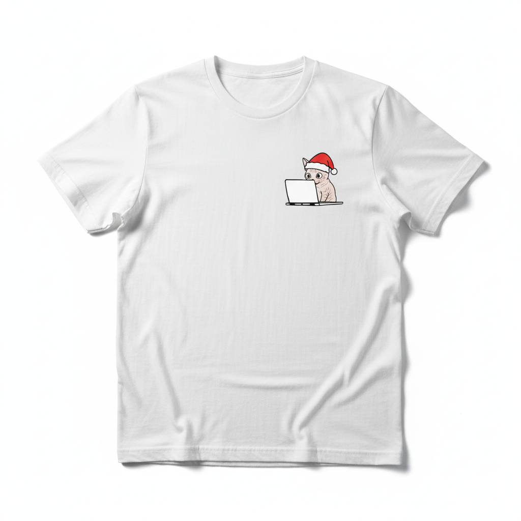 RD0109 - Santa Sphynx Cat On Laptop Pocket Design - Unisex Standard T-Shirt