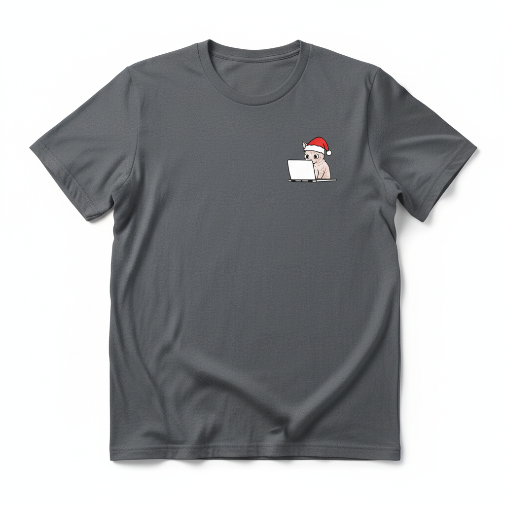 RD0109 - Santa Sphynx Cat On Laptop Pocket Design - Unisex Standard T-Shirt