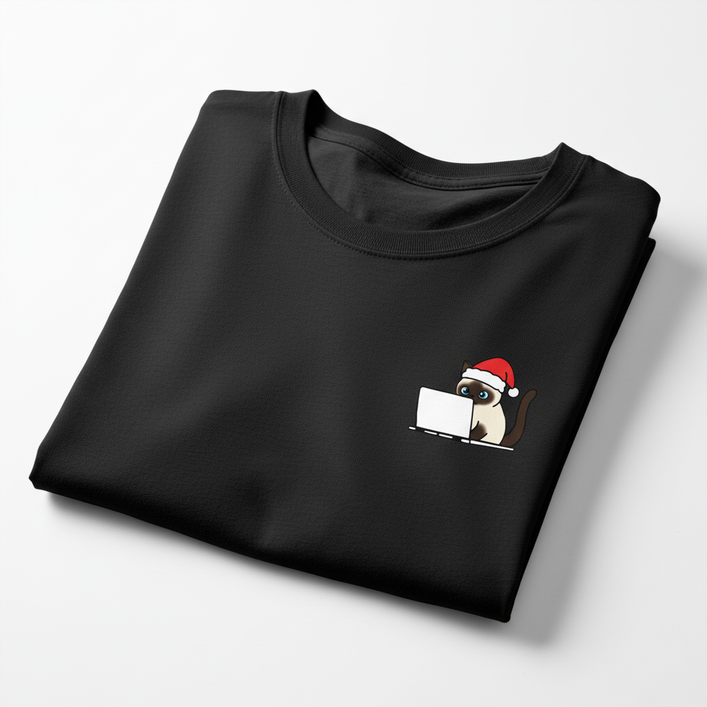 RD0103 - Santa Ragdoll Cat On Laptop Pocket Design - Unisex Standard T-Shirt