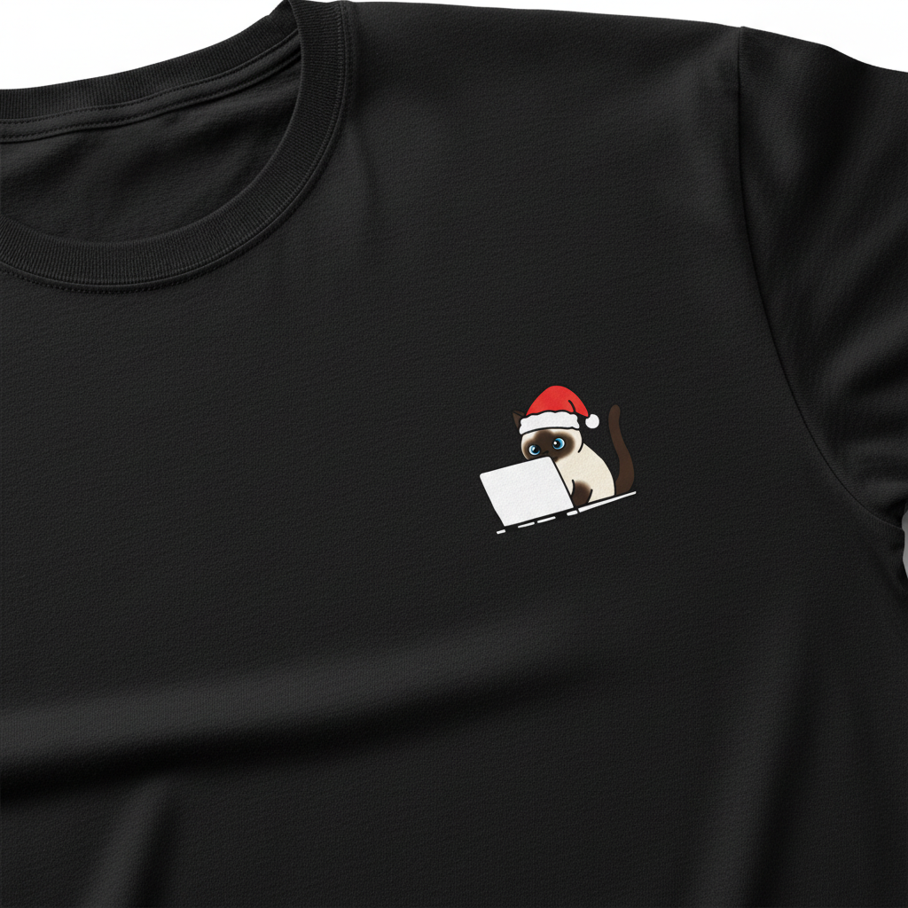 RD0105 - Santa Siamese Cat On Laptop Pocket Design - Unisex Standard T-Shirt