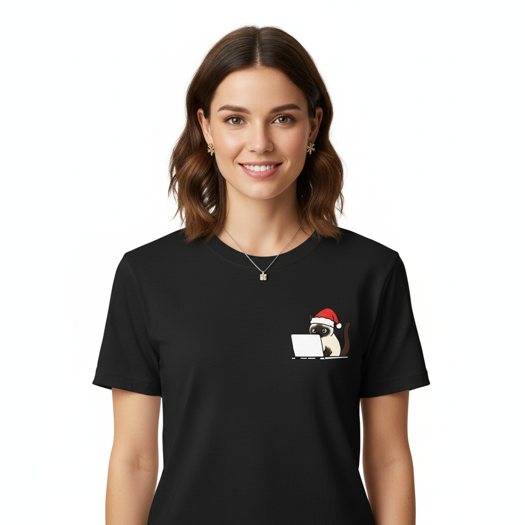 RD0105 - Santa Siamese Cat On Laptop Pocket Design - Unisex Standard T-Shirt