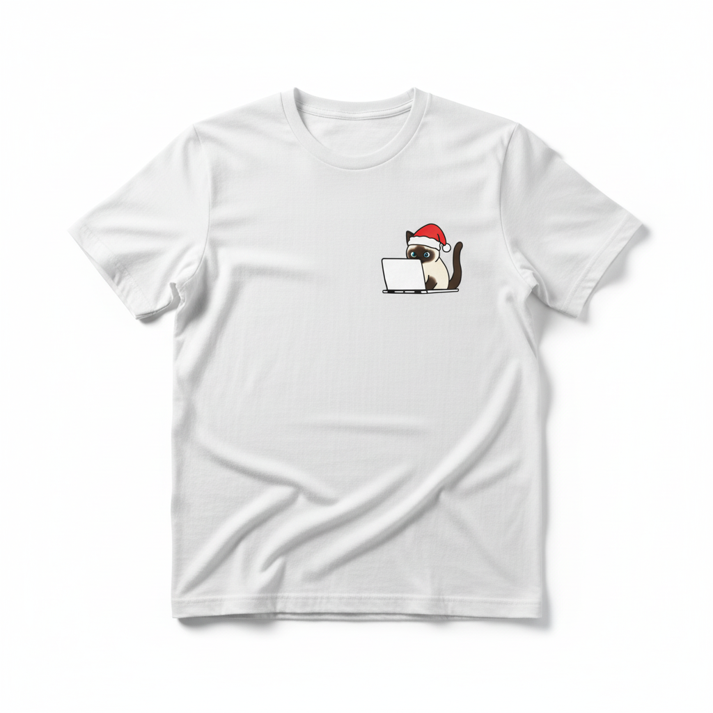 RD0105 - Santa Siamese Cat On Laptop Pocket Design - Unisex Standard T-Shirt